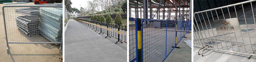 臨時(shí)護(hù)欄網(wǎng)臨時(shí)護(hù)欄網(wǎng)，又可以稱為移動(dòng)圍欄，臨時(shí)隔離欄，移動(dòng)式安全圍欄網(wǎng) 分類：臨時(shí)護(hù)欄從工藝上來看可以分為兩種1.焊接網(wǎng)臨時(shí)護(hù)欄2.編織網(wǎng)臨時(shí)護(hù)欄。　  1.焊接網(wǎng)臨時(shí)護(hù)欄網(wǎng) 主要規(guī)格如下 絲徑：3.6-6mm 孔徑：50X200mm 75X150mm 80X160mm 100X200mm等 網(wǎng)片高度：1.0-2.0m 網(wǎng)片寬度：2.0-3.0m 立柱：方形柱 圓形柱 桃形柱 新型防盜柱 表面處理：熱度鋅、 浸塑、 噴塑、 噴砂、 靜電噴涂等。 顏色：以綠色為主（黃色，藍(lán)色等） 以上規(guī)格，顏色等也可根據(jù)客戶需要加工定做。  2.編織網(wǎng)臨時(shí)護(hù)欄 主要規(guī)格如下 絲徑：1.5-4mm 孔徑：50X50mm 60X60mm 70X70mm 等 網(wǎng)片規(guī)格：1mX2m 1.5mX2m 2mX2.5m 2mx3m等。 立柱：方形柱 圓形柱 表面處理：PVC包塑 熱鍍鋅 顏色：主要以綠色，藍(lán)色為主。  以上規(guī)格可根據(jù)客戶需求加工定做。  臨時(shí)護(hù)欄網(wǎng)是適用臨時(shí)隔離，臨時(shí)隔斷，臨時(shí)圈圍，是靈活性極強(qiáng)的產(chǎn)品。  主要采用可拆接構(gòu)件將護(hù)欄主片與底座或防護(hù)柱進(jìn)行標(biāo)準(zhǔn)連接，等特定需要的時(shí)候可輕松拆除，進(jìn)行移動(dòng)安裝。  主要構(gòu)造特點(diǎn)：網(wǎng)片比較小巧，底座安全性能強(qiáng)，造型美觀，可根據(jù)客戶需要定做生產(chǎn)。